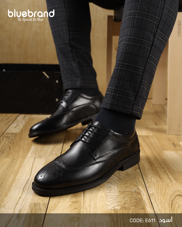 حذاء كلاسيك جلد طبيعي برباط - E611 - BLACK