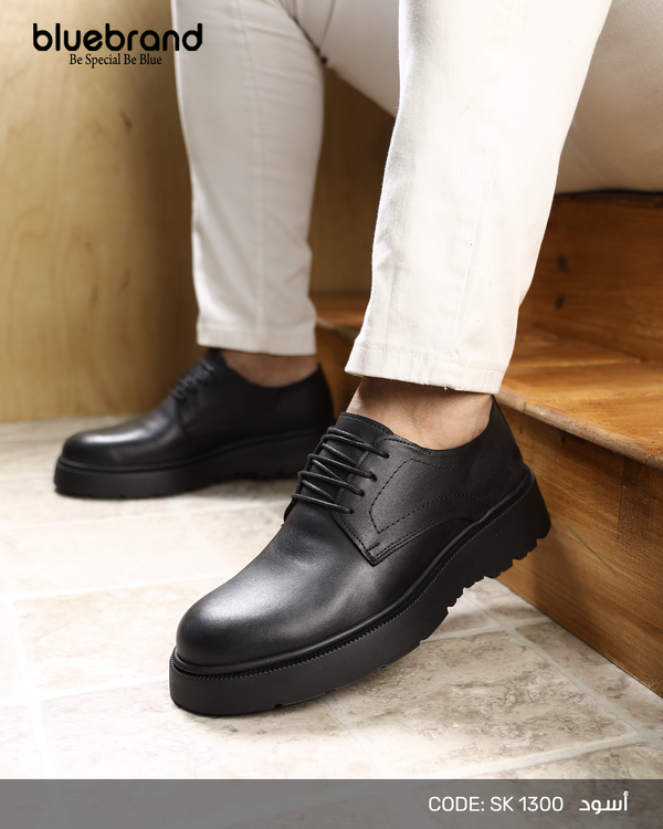 حذاء جلد طبيعي كاجوال برباط - SK1300 - BLACK