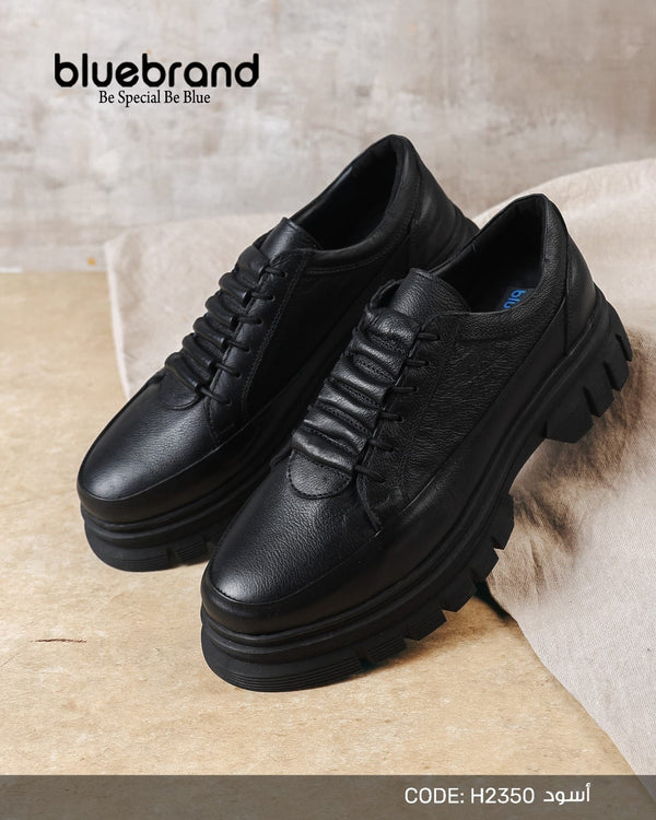 حذاء جلد طبيعي كاجوال برباط - H2350 - Black
